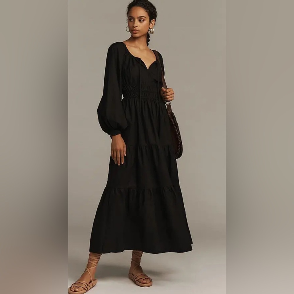 Anthropologie iconic The Somerset long puff sleeves, Black Maxi Dress